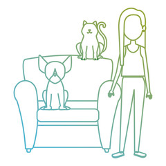 Canvas Print - young woman with cat and dog in the sofa characters