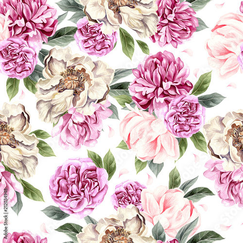 Watercolor pattern with peony flowers.