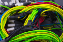 Colorful Sound And Light Signal Cables On Black Stage Case, Shallow Focus