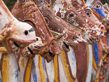 Detail From Clay Horses Placed In Homage To The Hindu God Ayyanar Outside A Temple In Tamil Nadu. Ayyanar Is The Mythical Guardian Of Local Villages Which He Reputedly Patrols At Night On Horseback