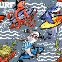 Cute Cartoon Sea Fish Seamless Pattern. Vintage Surf Background. Shark. Octopus. Crab. Surfing.