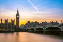 Big Ben, Dusk, Evening Light, Sunset, Houses Of Parliament, Westminster Bridge, Thames, City Of Westminster, London, London Region, England, United Kingdom, Europe