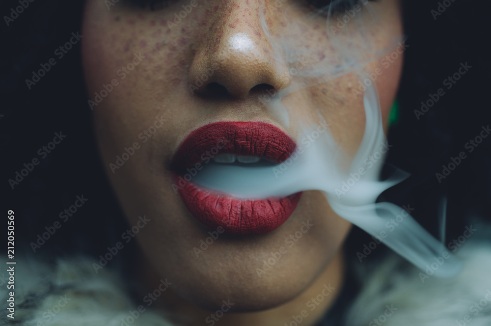 Woman smoking, close up on smoke and mouth - obrazy, fototapety, plakaty 
