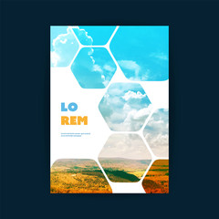 Wall Mural - Modern Style Flyer or Cover Design for Your Business with Mountains and Sky View Image and Honeycomb Pattern - Applicable for Reports, Presentations, Placards, Posters, Travel Guides