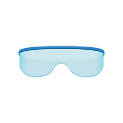 Poster - Shield style sunglasses with blue tinted lenses. Protective eyewear. Trendy fashion design. Flat vector sticker for mobile app