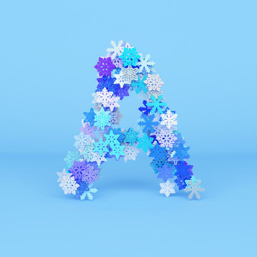 Winter alphabet letter A uppercase. Christmas font made of snowflakes. 3D render.