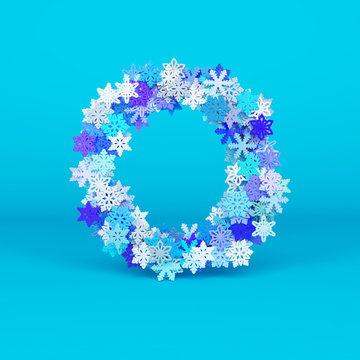 Winter alphabet letter O uppercase. Christmas font made of snowflakes. 3D render.