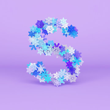 Winter alphabet letter S uppercase. Christmas font made of snowflakes. 3D render.