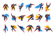 Superheroes characters set, man wearing colorful costumes on action vector Illustrations on a white background