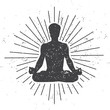 Vector illustration of a male silhouette in meditating lotus pose with scroll and sunburst on white background with dirty grunge texture. Yoga concept print, poster, card and flyer design for men.
