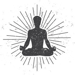 vector illustration of a male silhouette in meditating lotus pose with scroll and sunburst on white 