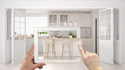 Wall Mural - augmented reality concept. hand holding tablet with ar application used to simulate furniture and in