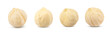 Collection set macro shot of four fresh raw peeled filbert hazelnut isolated on white background.