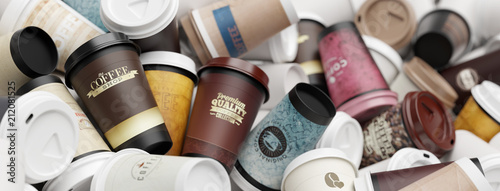 Fotomural Viele verschiedene Kaffeebecher auf einem Haufen