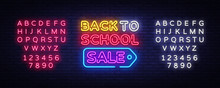 Back To School Sale Neon Sign Vector. Back To School Design Template Neon Sign, Light Banner, Neon Signboard, Bright Advertising, Light Inscription. Vector Illustration. Editing Text Neon Sign
