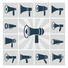 Poster - Vector speaker icons set. Flat megaphone silhouettes collection