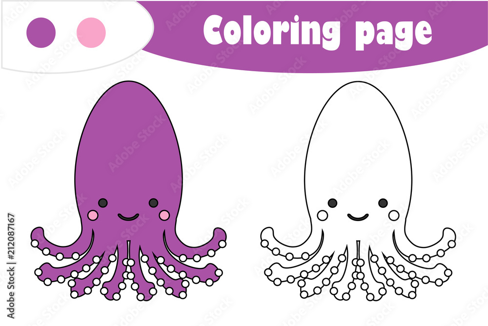 Octopus in cartoon style, coloring page, education paper game for the ...