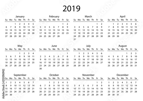 Calendar 2019. Calendar grid 2019 year black on white ... Calendar 2019. Calendar grid 2019 year black on white ...