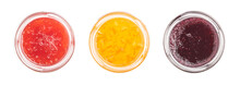 Top View Strawberry, Orange And Blueberries Jam On A White Background.