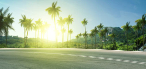 Poster - Summer background of road with palms and sunset time 