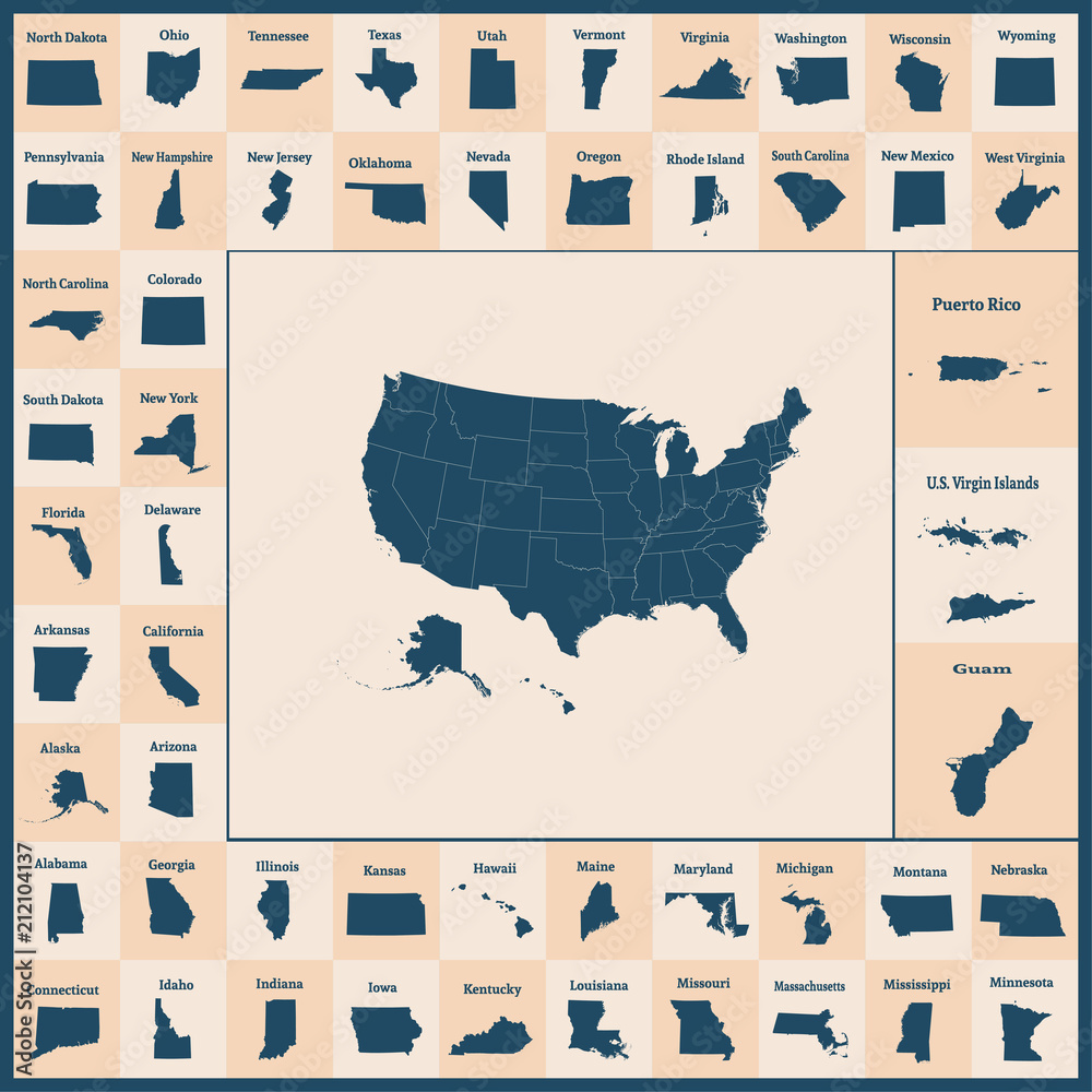 Outline map of the United States of America. 50 States of the USA. US map with state borders. Silhouettes of the USA and Guam, Puerto Rico, US Virgin Islands. - obrazy, fototapety, plakaty 