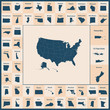 Outline map of the United States of America. 50 States of the USA. US map with state borders. Silhouettes of the USA and Guam, Puerto Rico, US Virgin Islands.