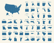 Outline Map Of The United States Of America. States Of The USA. Vector Illustration.