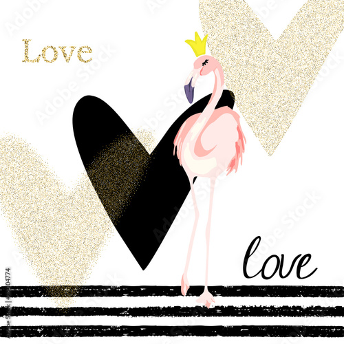 Creativity card with flamingo and gold glitter hearts. For flyers, banners, p...
