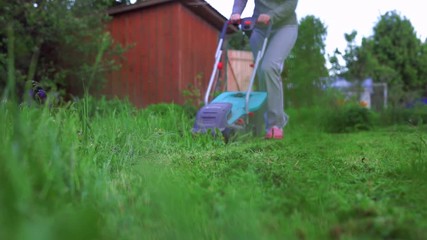 Wall Mural - Girl mowing the lawn