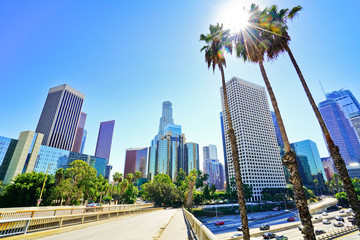 View of the office buildings and main roads in the financial district in Los Angeles on a sunny day.