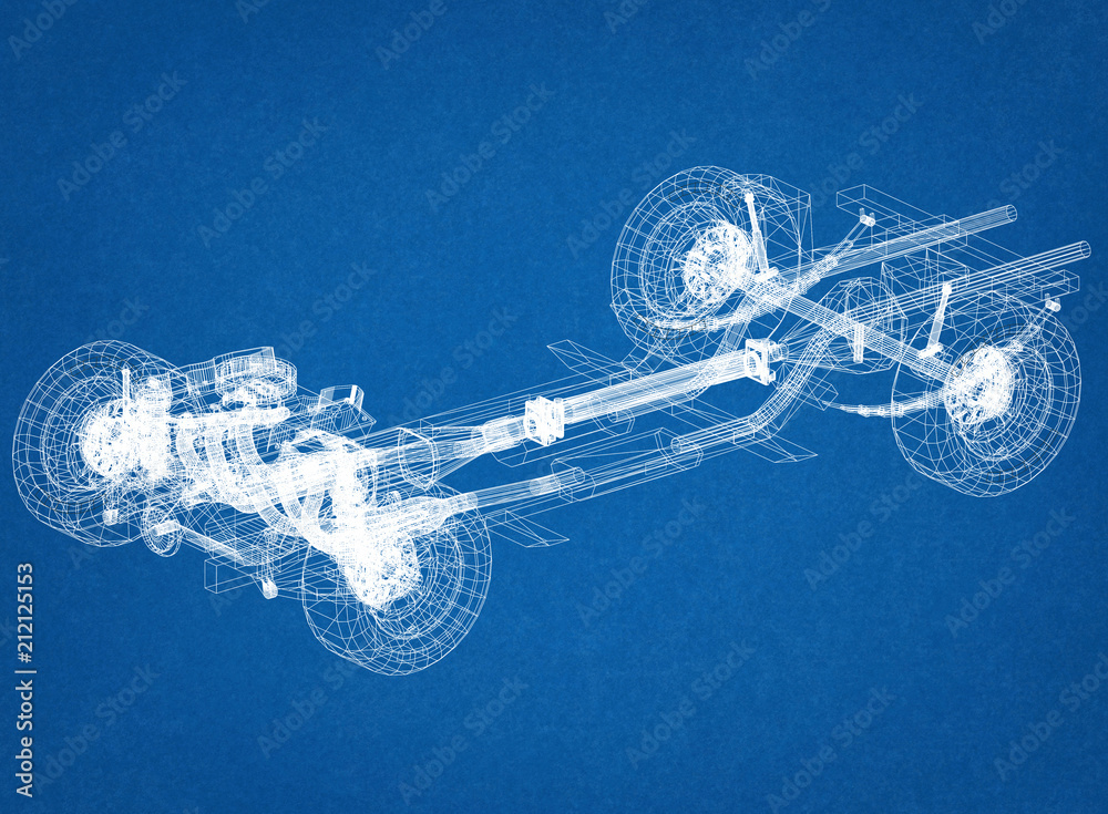 car chassis and engine Design - Blueprint - obrazy, fototapety, plakaty 