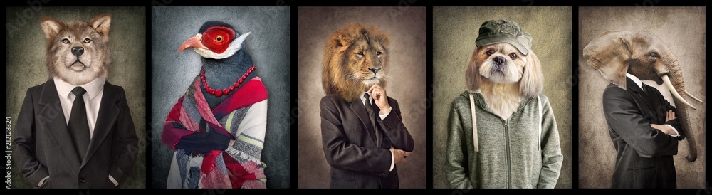 Animals in clothes. Concept graphic in vintage style. Wolf, Bird, Lion, Dog, Elephant. - obrazy, fototapety, plakaty 