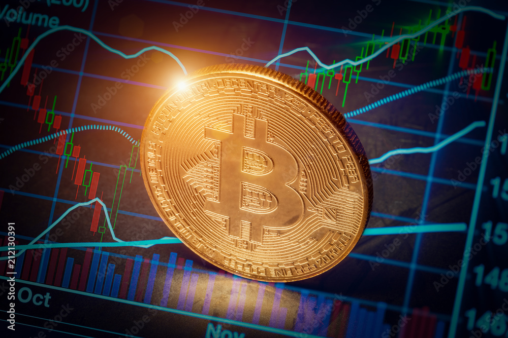 macro glowing bitcoin on stock market chart background. virtual cryptocurrency concept.