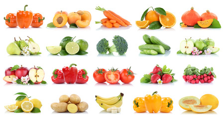  Früchte Obst und Gemüse Sammlung Apfel Birnen Orange Bananen Erdbeeren Farben frische Freisteller freigestellt isoliert