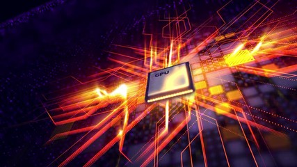 Poster - 3d rendering of a CPU microprocessor placed aslant in the violet backdrop with a zoom out effect. It is connected with squares and a grid of lines. The golden rays are sent in all directions. 