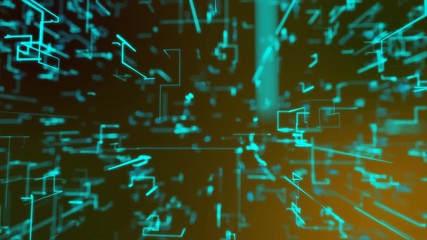 Poster - A cyberspace 3d rendering of a network from blue crisscross matrix connections shining and moving horizontally in the black background. All of them are united in one techno structure