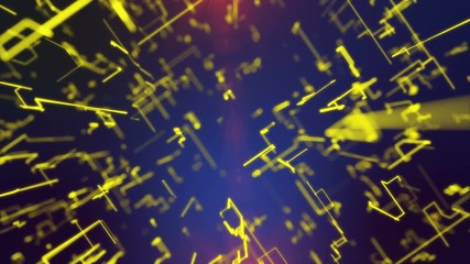 Poster - A virtual 3d rendering of a grid of golden crisscross matrix lines glittering and rotating around in the dark violet background. All zigzag lines are connected in one futuristic construction