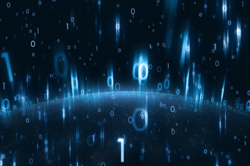 Futuristic cyberspace network sphere with binary numbers illustration background. 