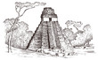 Maya Vintage pyramid. Aztec culture. Ancient Monochrome Mexico. Landscape for label logo badge background. Engraved hand drawn old sketch. vector illustration.