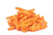 Long And Thing Crunchy Orange Cheesy Chips On A White Background