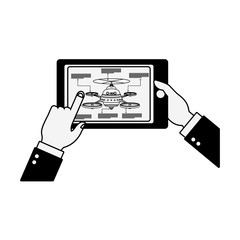 Hands controlling drone from tablet vector illustration graphic design