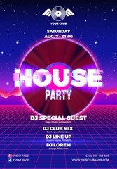 Poster - 80s party poster with blue background and vinyl lp for house retro rave
