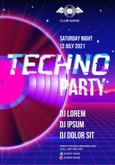 Poster - 80s party poster with blue background and vinyl lp for techno retro rave