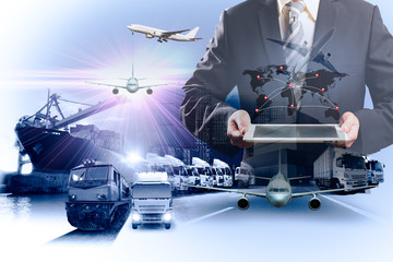 World map with logistic network distribution on background. Logistic and transport concept in front Logistics Industrial Container Cargo freight ship for Concept of fast or instant shipping