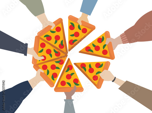 Cuadros en Lienzo Illustration of hands sharing a pizza