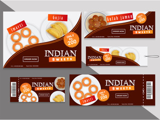 Sticker - Collection of discount coupons and tag for Indian Sweet or dessert with different price offers.