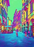 Fototapeta Nowy Jork - Vintage Italian small street in Florence. Traditional old architecture of Italy. Big size oil painting fine art. Modern impressionism drawn artwork. Creative artistic print for canvas, poster or paper