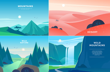 vector set of flat summer landscape illustrations with desert, waterfall, mountains, sun, forest on 