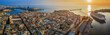Valletta, Malta - Aerial panoramic view of Valletta with Mount Carmel church, St.Paul's and St.John's Cathedral, Manoel Island, Fort Manoel, Sliema and cruise ship entering Grand Harbor at sunrise
