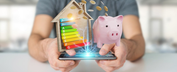 Wall Mural - businessman saving money with good energy chart rating 3d rendering